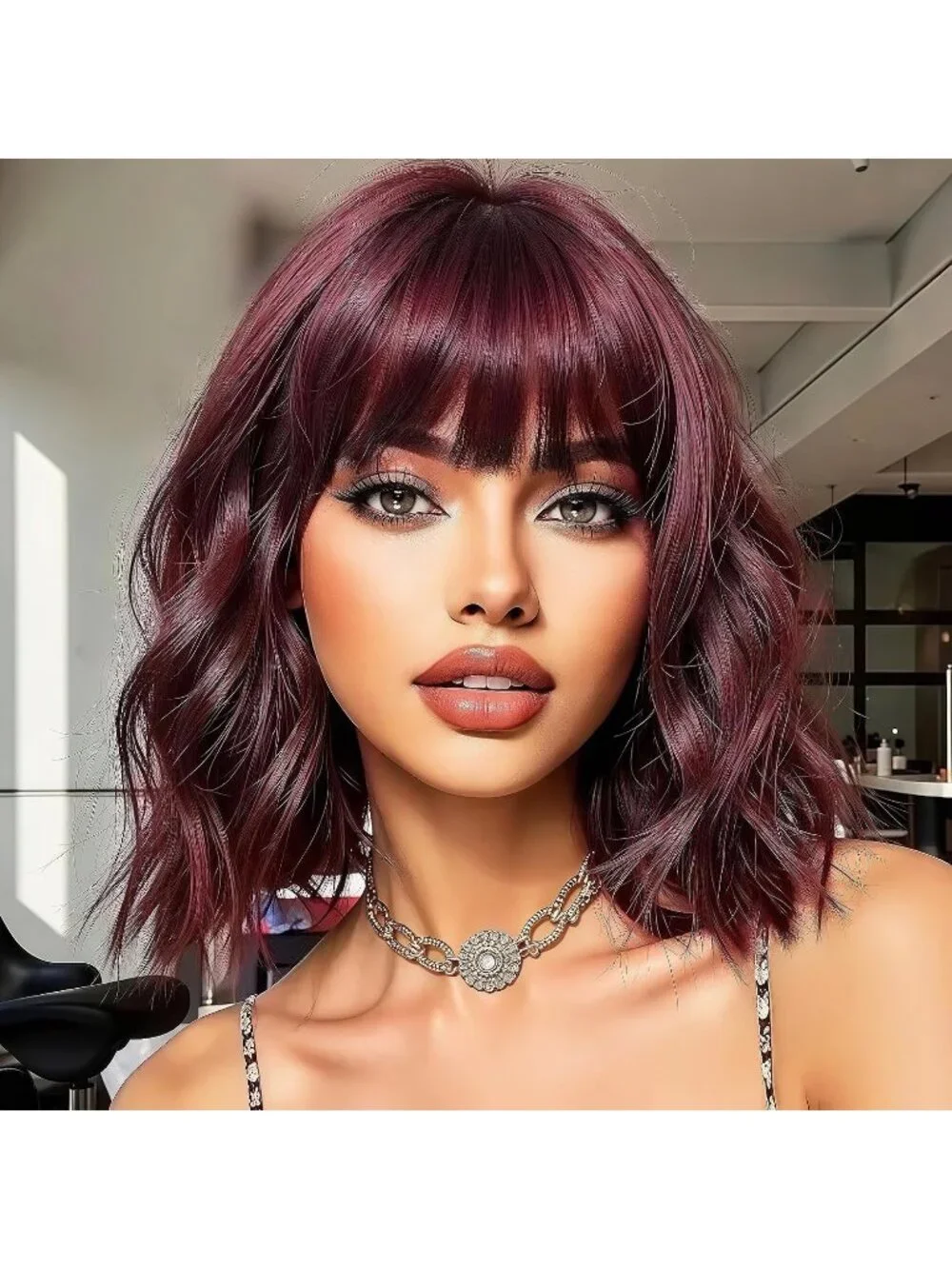 Women's Wine Red 14 Inch Heat Resistant Short Wavy Hair Pastel Bob Wig Bangs